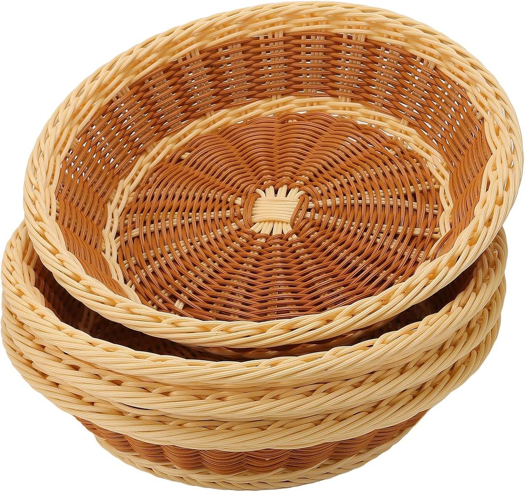 4 Pack Wicker Baskets, 11.5 Inch Woven Bread Baskets Round Imitation Rattan Fruit Baskets, Woven Food Serving Basket for Family Party Kitchen Restaurant Outdoor, Brown & Beige