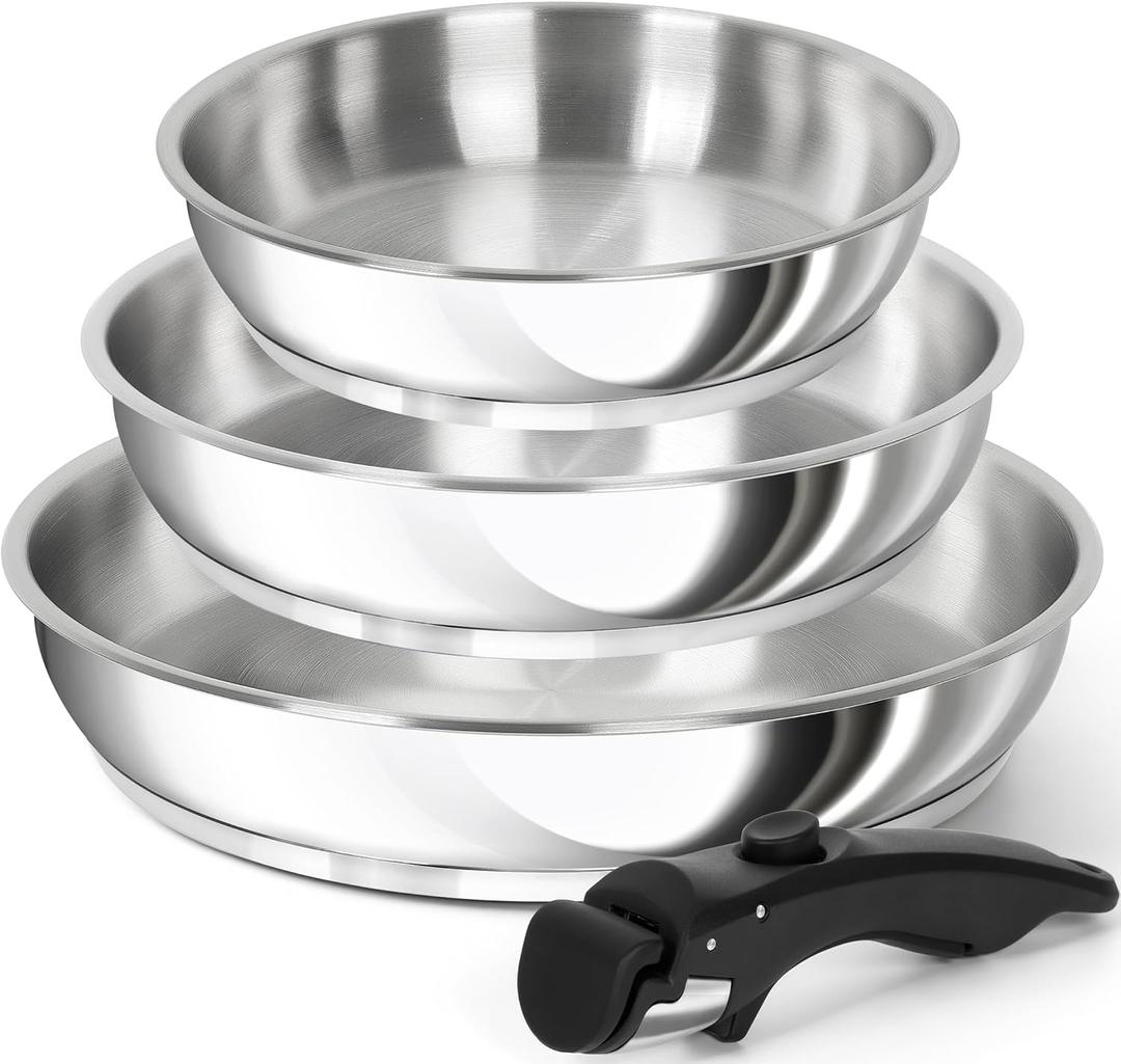 Stainless Steel Frying Pan Set, Cooking Pans with Removable Handle, Triply Base Stainless Steel Pan Set, Induction Compatible Skillet- 8" & 9.5" & 11" 