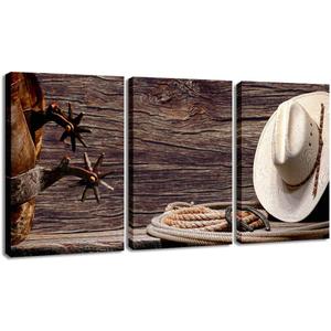 Canvas Print Wall Art Decor Western Cowboy Wall Art American Cowboy Hat Boots West Rodeo Vintage Picture Stretched Gallery Canvas Wrap Giclee Print Ready to Hang for Home Office Living Room (12x16inchx3pcs(30x40cmx3pcs))