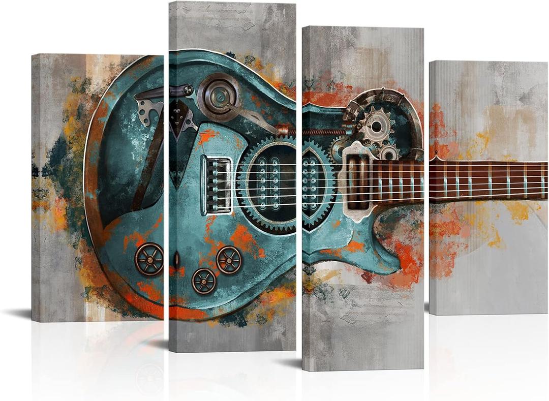 LoveHouse Music Pictures Artwork Blue Guitar Painting Canvas Prints Musical Posters Jazz Art Decor for Home Stuido (12"x24"x2pcs+12"x32"x2pcs)