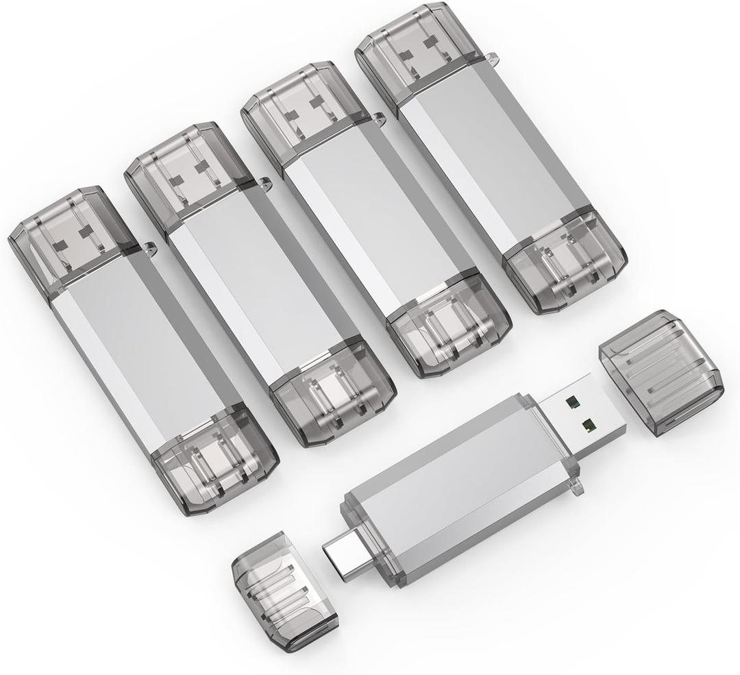 RAOYI 5 Pack 64GB USB C Flash Drive, 2 in 1 USB 3.0 Type C Dual OTG Metal Thumb Drive Jump Drive Memory Stick with Keychain Suitable for USB-C Smartphones, MacBook, Computers and Tablets (Silver)