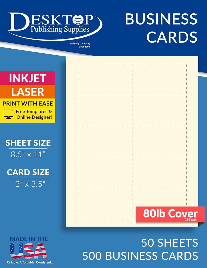Heavyweight 80lb Off White/Cream Blank Business Cards - Laser & Inkjet (50 Sheets / 500 Business Cards)