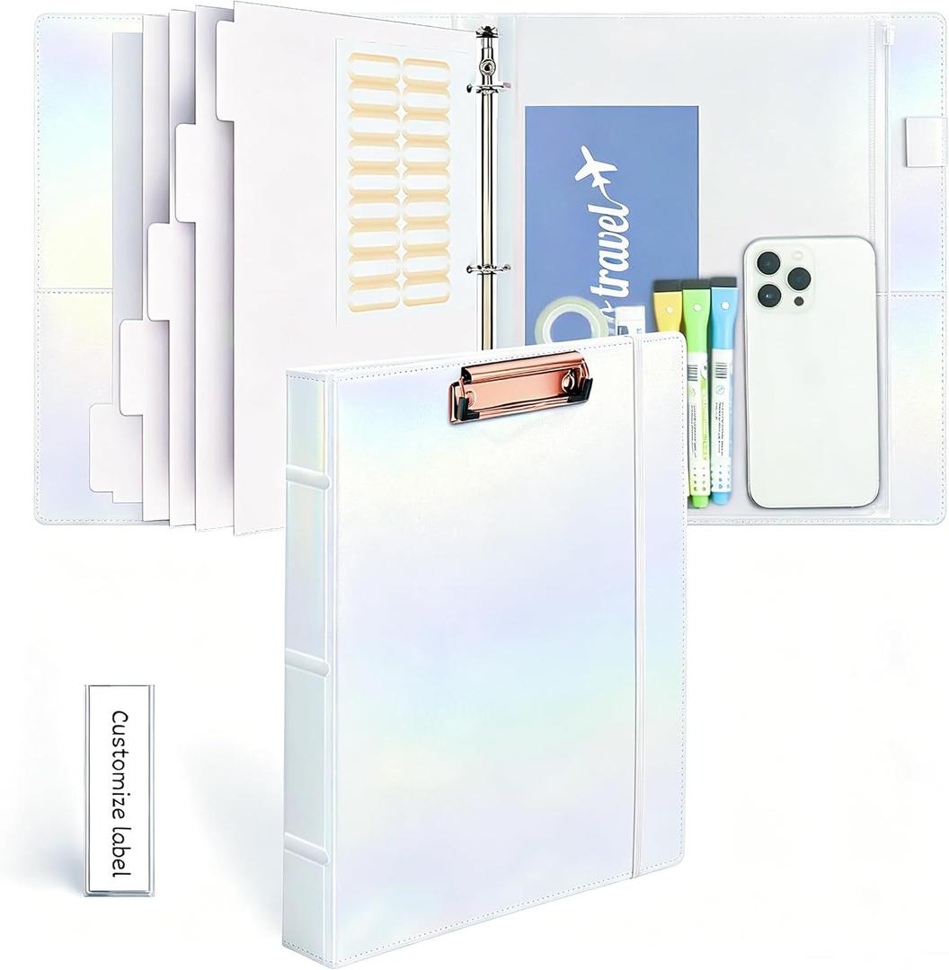 3-Ring Binder 1-inch with Clipboard, Holographic Silver Glitter Design, Including 5 Divider Pages, File Bag and Spine Label - Perfect for Schools, Offices and Organizations