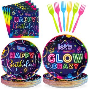 Grencian 96Pcs Neon Party Supplies Let's Glow Party Decorations Glow In The Dark Colorful Plates and Napkins Tableware Neon Birthday Decorations for Baby Shower Game Black Night Themed Favors Serve 24