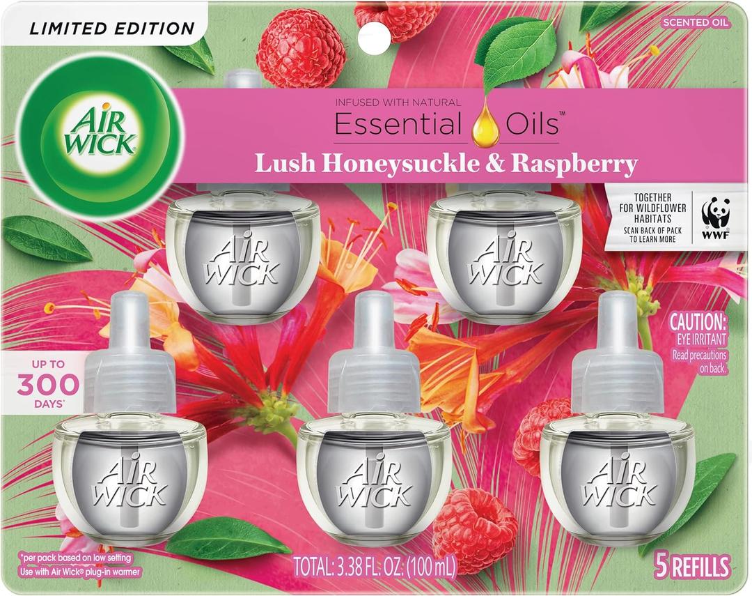 Air Wick Plug in Scented Oil Refill, 5 ct, Lush Honeysuckle and Raspberry, Air Freshener, Essential Oils, Spring Collection (3.35 Fl Oz (Pack of 1))
