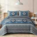 Dintszyayue Boho Quilt Set Queen Size, Aztec Western Blue Quilt Bedspread Set, 3 Pieces Bohemian Southwestern Stripe Bedding Set Soft Lightweight Coverlet Set for All Season