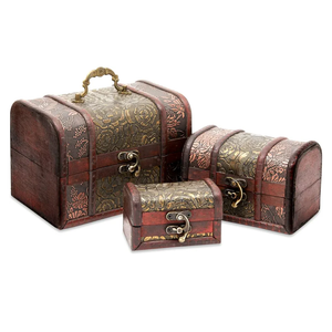Juvale Wooden Treasure Chest Set - 3 Nesting Boxes, Brown Floral - Decorative Storage & Jewelry Box with Hinged Lid, Vintage Antique Decor