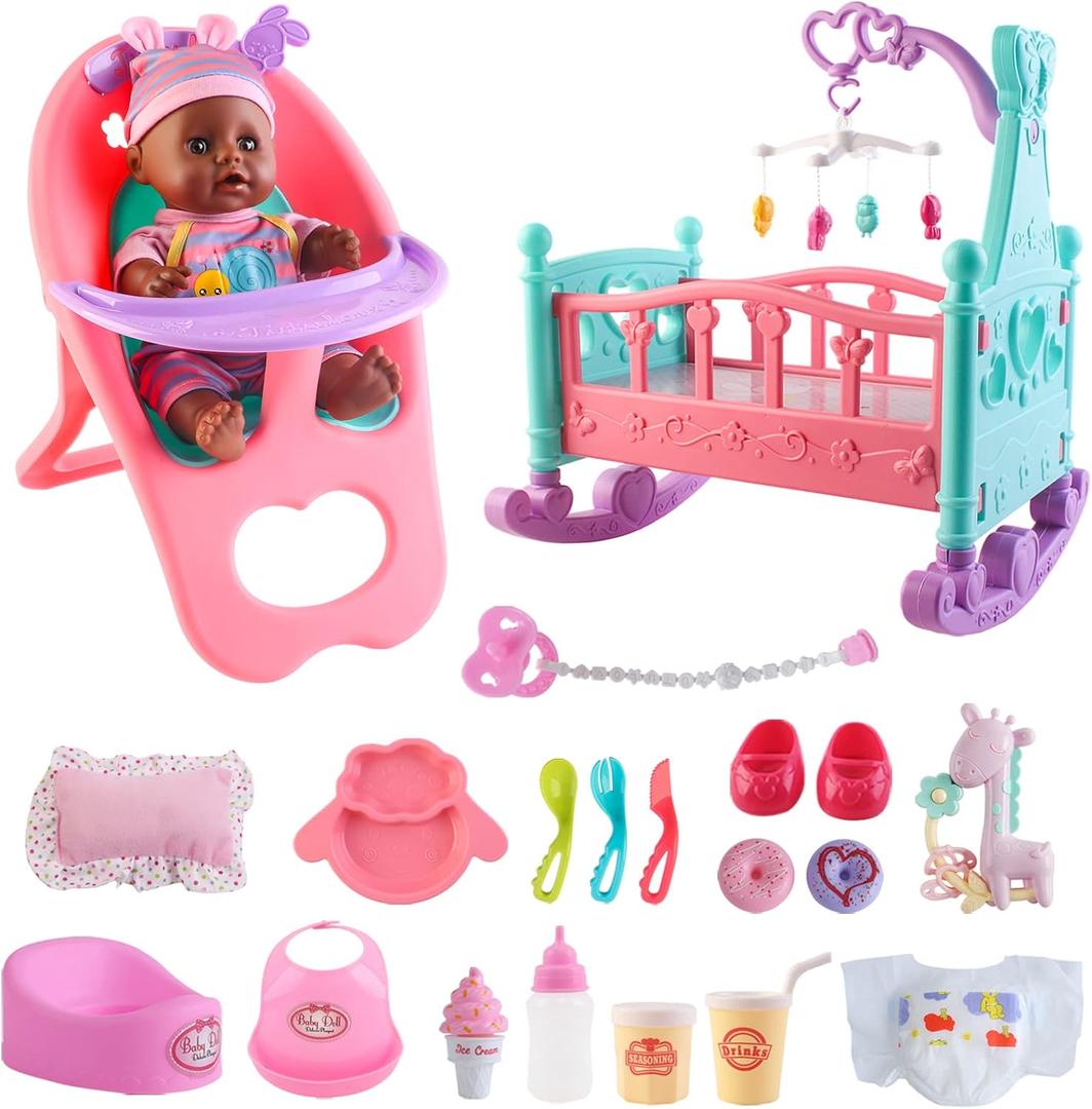 deAO Black Baby Doll Set - Mobile, High Chair, Stroller & Feeding Accessories - 21 Piece Play Set (Doll Included)