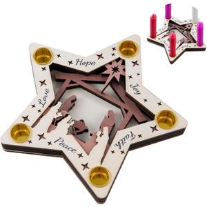 APUDWN Christmas Advent Wreath Candle Holder, Wooden Nativity Scene Advent Candlestick, 5-Hole Star Shape Wreath Candle Holder for Christmas Nativity Christian Table Centerpiece Gifts (Pentagram)