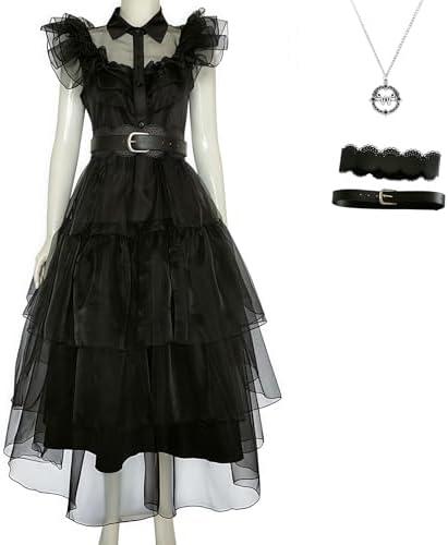 Halloween Women Black Gothic Tulle Cosplay Dress Party Ruffle Layered Prom Dance Costume Belt Necklace, S (No Necklace)