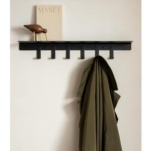 Kazai. Coat Rack Wall Mount with Shelf 'Holmsen' | Coat Rack with Shelf for Storage and Display | Wall Hooks for Hanging Clothes and Purses | Modern Entryway Hangers in Metal | Black