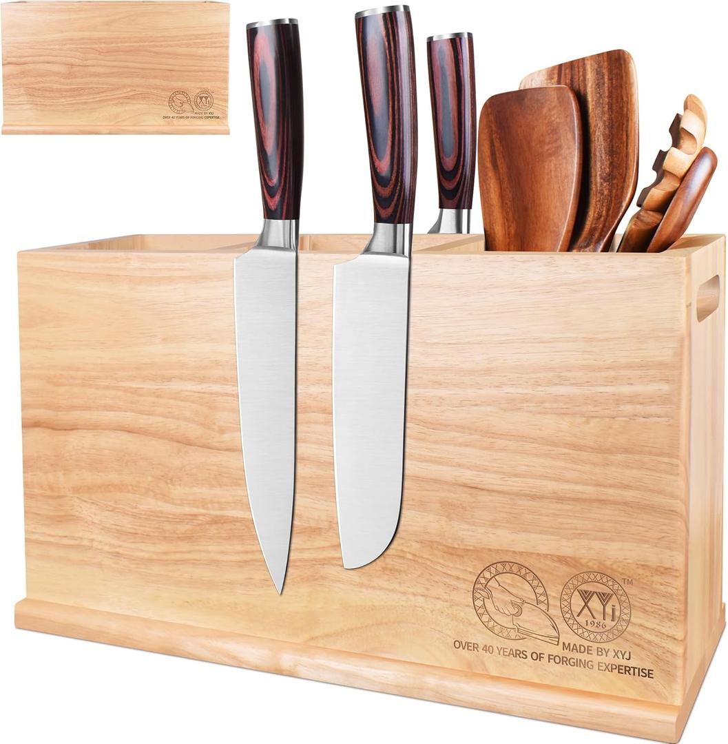 XYJ Utensil Holder with Magnets, 3-Compartment Organizer for Kitchen Tools, Spoons, Spatulas, Magnetic Knife & Metal Accessory Storage, Countertop Caddy, Wood Container without Knives & Cookware Tools