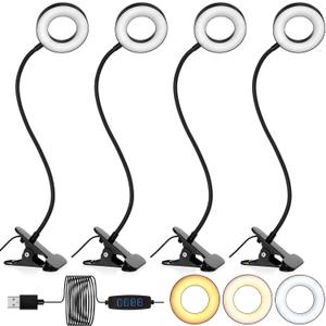 Glooglitter 4 Pcs Clip on Light 48 LEDs USB Ring Light with 3 Color Modes and 10 Brightness Dimmable, Eye Protection, 360 Flexible Neck for Desk, Headboard, Reading