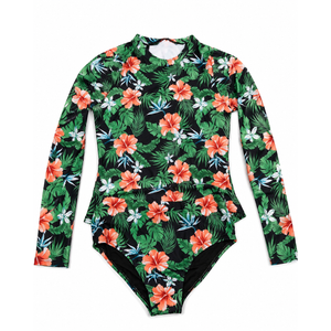 blibean Girls Rash Guard Swimsuit Long Sleeve Two Piece Tween Bathing Suits for Teens Big Kids Cute Ruffle Swimwear Junior Floral Tankini Sets Traje Baño Niñas Size 12-13 Year Old Black