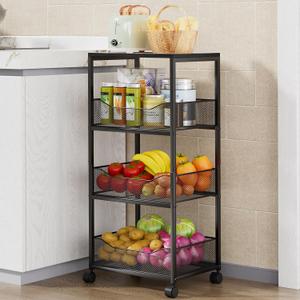 HapiRm Fruit Basket Kitchen Cart - 4-Tier Rolling Storage Cart with Wheels, Fruit Vegetable Basket with Wood Top, Pantry Utility Kitchen Organizer for Fruit Potato Onion Vegetable Bread Snack