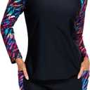 Halcurt Women's Built in Bra Rash Guard Long Sleeve Swimwear UPF 50 Two Piece Swim Shorts and Tops (Medium, Black Multicolor Striped)