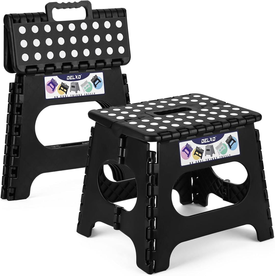 Delxo Folding Step Stool 11 Inch 2 Pack, Black Non-Slip Foldable Stools for Kids & Adults Up to 300 LBS, Step Stool with Handle, Lightweight for Kitchen/Bathroom/Bedroom/Garden