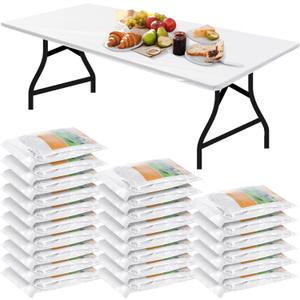 Boao 24 Pcs Summer Plastic Table Cloth Rectangle Picnic Table Covers Elastic Fitted Tablecloth, Disposable Waterproof for Camping, Indoor, Outdoor (White,6 Ft, 72 x 30 Inch)