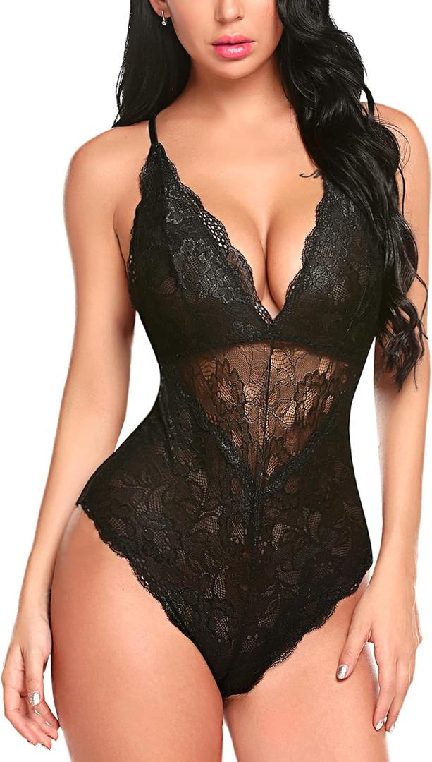 Avidlove Women Snap Crotch Lingerie Sexy Lace Bodysuit Deep V Teddy One Piece Lace Babydoll, XL