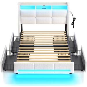 Rolanstar Twin Size Bed Frame with LED Lights and Charging Station, Upholstered Bed Storage Headboard & Drawers, Heavy Duty Wood Slats, Easy Assembly, White