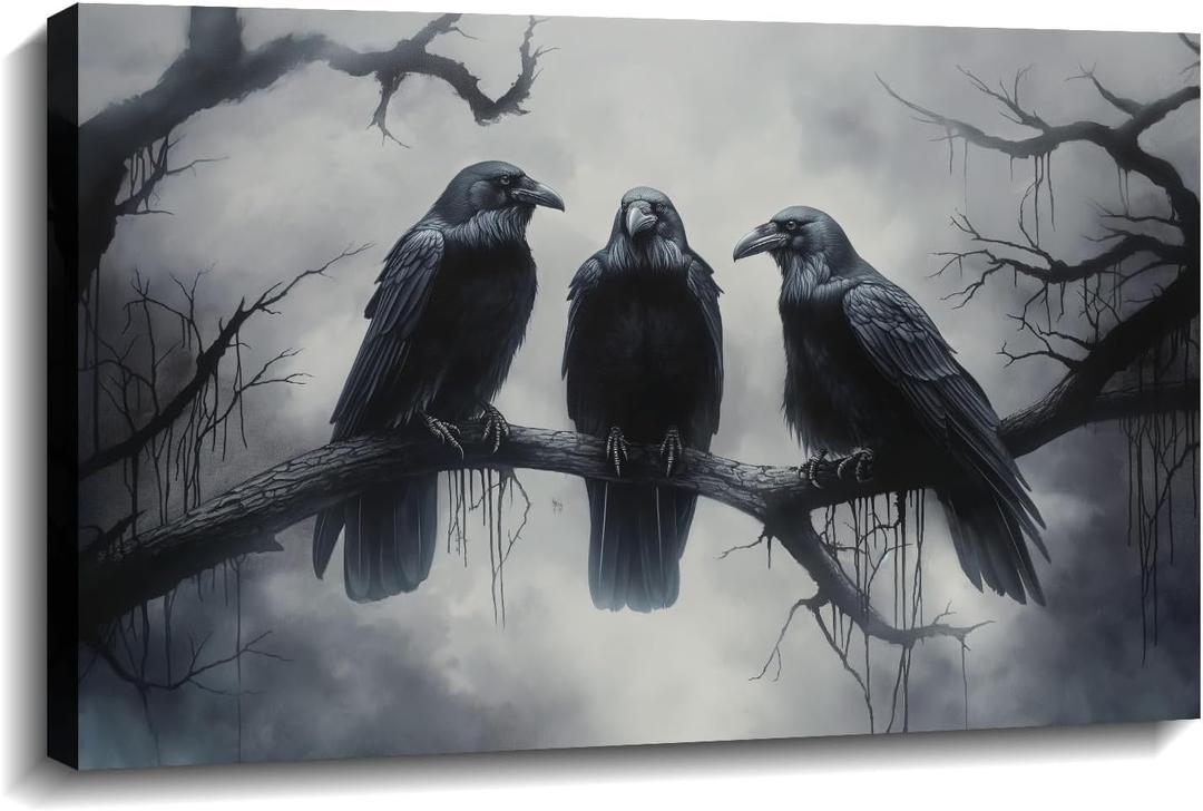 Dark Academia Canvas Wall Art Raven Picture Gothic Forest Black Birds on Tree Branch Poster Halloween Theme for Living Room Bedroom Home Wall Decor Framed(Art-2,16.00x24.00 inch)