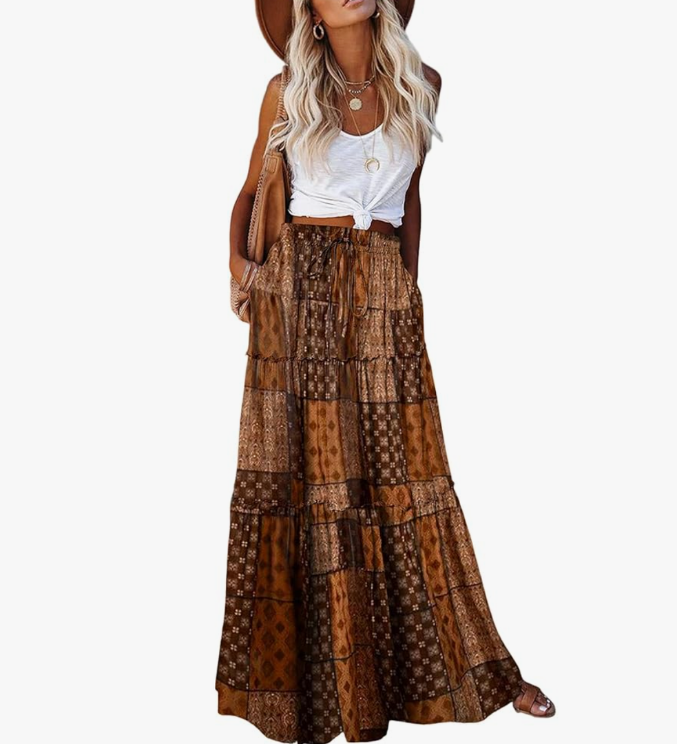 EARKOHA Womens Casual High Waist Tie Paisley Print Long Maxi Skirt with Pockets 2XL