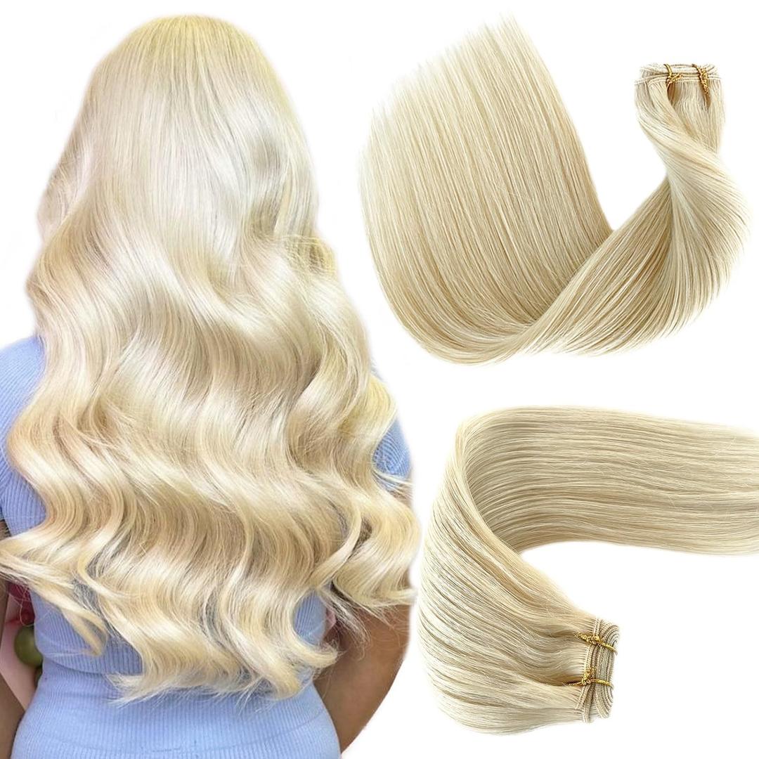 Invisible Human Hair Extensions Sew in Hair Bundles 18 Inch 100 Gram White Blonde Beaded Weft Hair Extensions Human Hair Weft Extensions Thick Sew in Hair Extensions Real Human Hair Full Head Straight (#60)