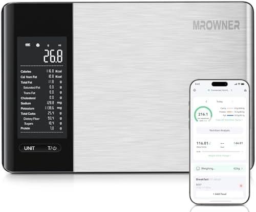 MrOwner Smart Food Kitchen Scale with Nutritional Calculator, Free App with 19 Nutrients Tracking, Calorie, Marco, Digital Weight Grams and Ounces for Weight Loss, Premium Stainless Steel, 22lb