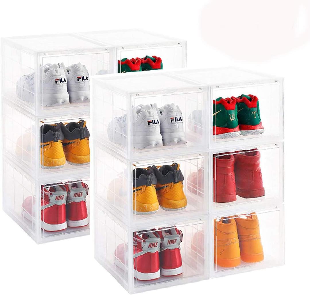 Clear Storage Box Womens Mens Shoe Display Box Plastic Foldable Stackable Shoe Container Clear Closet Shelf Organizer - 6 Pack