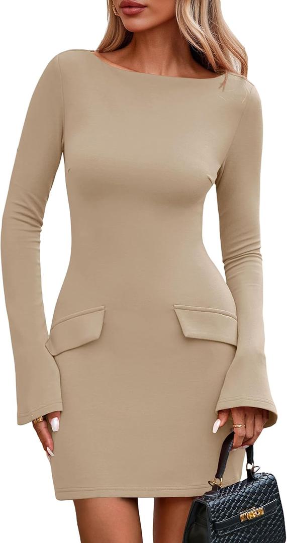 PRETTYGARDEN Womens Fall Long Sleeve Mini Dress 2025 Trendy Boat Neck Bodycon Knit Elegant Short Party Formal Dresses (L)