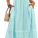 Fashionme Womens Summer Maxi Dresses 2026 Trendy Striped Vacation Boho Beach Spaghetti Strap Sundress Back Tie with Pockets (Blue, L)