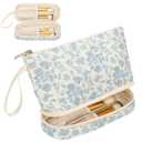 Ethereal Small Makeup Bag, 2 Layers Travel Make up Organizer Bag with Makeup Brush Holder, Portable Cosmetic Bag for Women/Girls, Blue Flower