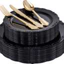 DaYammi 150Pcs Black Plastic Plates & Gold Plastic Silverware, Black Disposable Plates Set Include 30 Dinner Plate, 30 Dessert Plate, 30 Golden Knives, 30 Gold Forks, 30 Golden Spoons for New Year Party