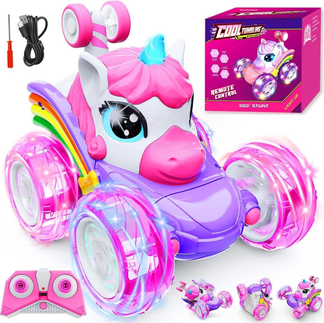 Motivekit Unicorn Remote Control Car Toys for Girl - 360 Rotating Pink RC Stunt Cars 4WD Remote Cars for Kids, 2.4GHz Toy Car with LED Lights, Birthday Gift for 3 4 5 6 7 8 9 Year Old Girl