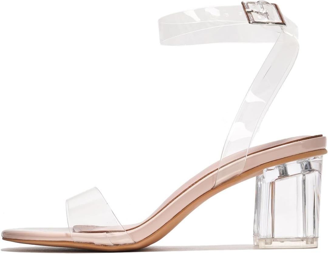 2 x Cape Robbin Clear Chunky Heels for Women - Transparent Ankle Strap Shoes - Women's 2.5-inch Heeled Sandals (Beige)