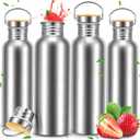 CHENGU 4 Pieces 34oz Single Wall Stainless Steel Water Bottles with Handle and Bamboo Lid Large Leakproof Metal Camping Bottles for Sports, Cyclists, Runners