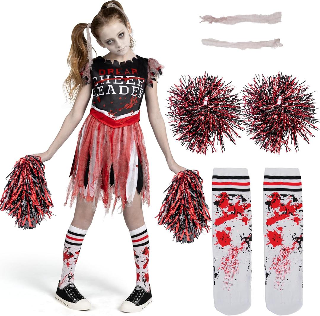 Spooktacular Creations Zombie Halloween Cheerleader Costume, Girls Scary Cheerless Costume, Kids Dead Cheerleading Outfit for Halloween Role Play Themed Parties, Red Black, M (Medium(8-10 yrs)