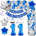 11st Birthday Party Decorations Blue Happy Birthday Banner Latex Confetti Balloons Number 11 Foil Balloon Silver Crown Star Mylar Balloon Cake Topper for Men Women Anniversary Party Supplies