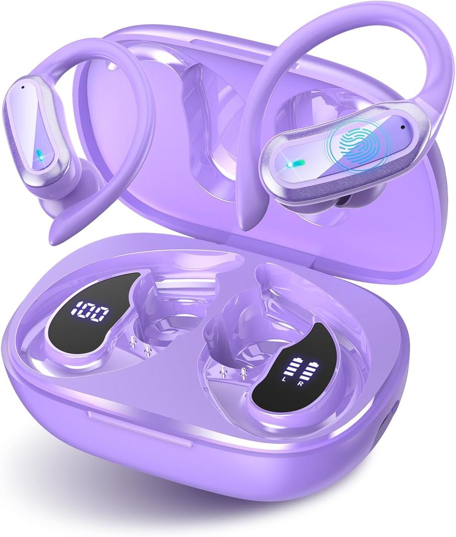 TRAUSI Wireless Bluetooth 5.4 Headphones, Fast Charging Stereo Earphones with Noise Cancelling Mic, IPX7 Waterproof and Comfort Fit Ear Buds for Fitness, Workouts Purple