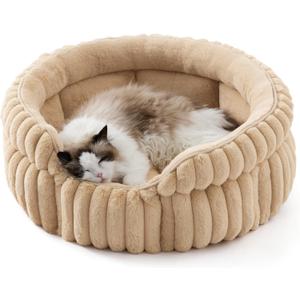 Bedsure ComfyFleece Cat Bed, Washable Round Cute Cat Beds for Indoor Cats, Super Soft Corduroy Pet Bed for Puppy and Kitten with Anti-Slip Bottom, 23''x23''x8.5'', Sandy Beige