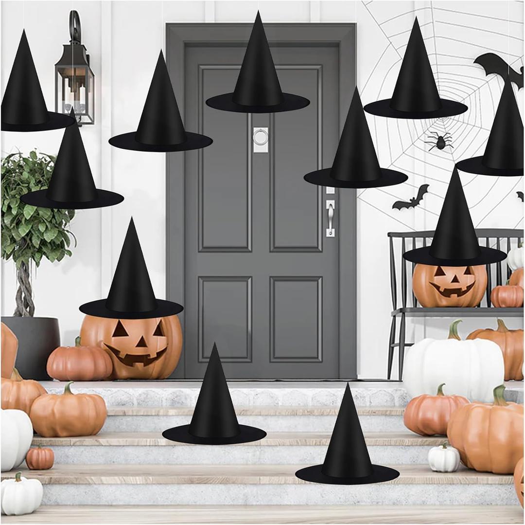 12 PCS Halloween Decorations Witch Hat Costume Accessory, Thickened Hanging Black Wizard Hats Bulk for Women Kids with Rope Floating Porch Indoor Outdoor Hocus Pocus Decor Party Supplies