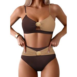 Pink Queen Women's 2 Piece Bikini Set 2026 Seashell Cutout Swimsuit High Waist Tummy Control Summer Beach Swim Bathing Suits (Chocolate Brown) Small 