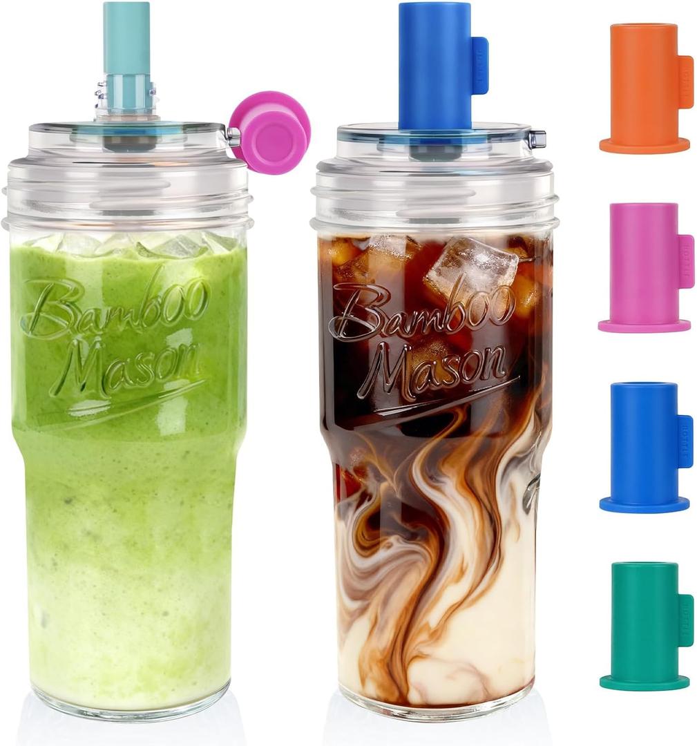 ANOTION 2pc Glass Tumbler with Lids and Straws, Leakproof 24oz Mason Jar Cups, Cap Cup Leak-Proof, Self-Assembly Silicone Straw, Reusable Iced Coffee Smoothie Matcha Cup Aesthetic Coffee Gifts Women, Small