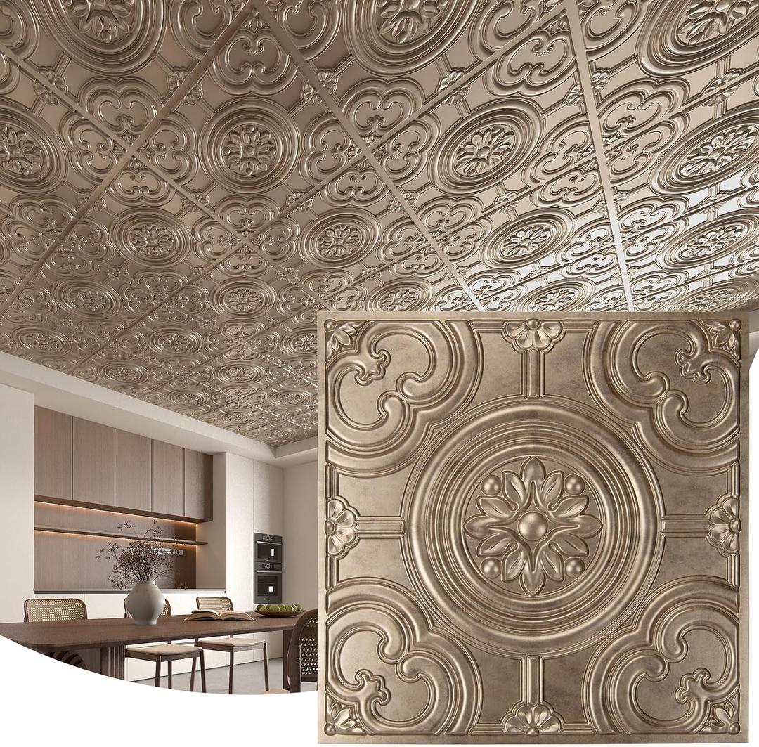 WOWSTAR 12-Pack 24"x24" Drop Ceiling Tiles, Waterproof Glue up Ceiling Panels, Antique Gold