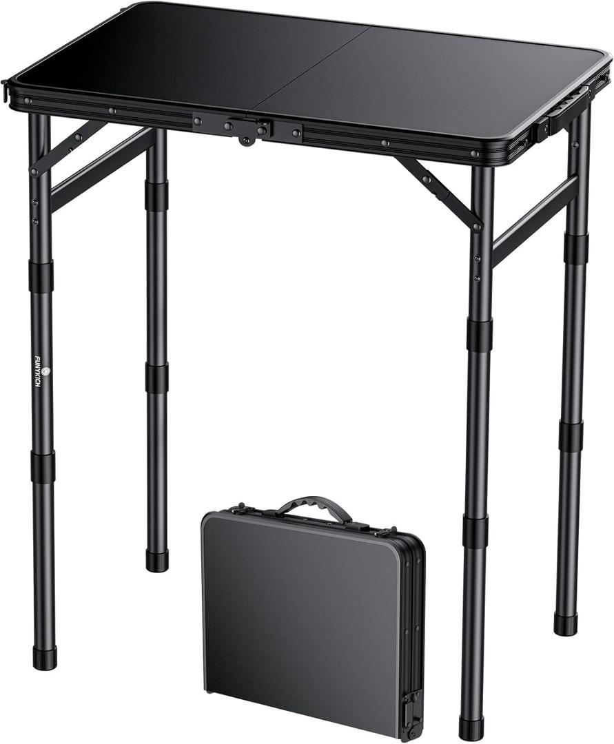 FUNYKICH Camping Table with Waterproof Plastic Tabletop 22.8''x15.7'', 3 Height Adjustable Small Folding Table, Lightweight Portable Picnic Table with Carry Handle for Picnic, Beach, Travel, Black