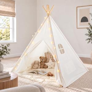 Tiny Land 100% Cotton Canvas Teepee Tent for Kids with Mat & Star Lights 47" × 47" × 60", Soft & Breathable Cotton Canvas, Mat & Star Lights, Indoor Play, Carry Bag, Gift for Girls & Boys Ages 3+