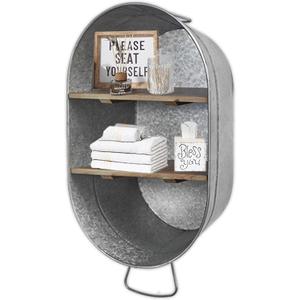 SOFE Galvanized Metal Wash Tub with Shelf, Small Oval Wall Shelf Country Bathroom Decor, 2 Tier Display Shelf Wall Mounted, Farmhouse Laundry, Floating Shelves Bathroom, Living Room