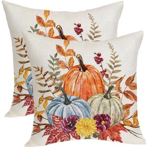 Fall Pillow Covers 16x16 Inches Pack of 2 Orange Blue Pumpkin Leaves Throw Pillow Covers, Autumn Thanksgiving Decoration Pillowcase Farmhouse Decorative Cushion Case for Home Sofa Outdoor Decor