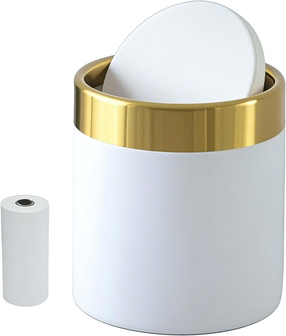 Mini Trash Can with Lid, 1.5 Liter / 0.4 Gallon Small Metal Desk Garbage Bin for Countertop, Coffee Bar, Vanity  White