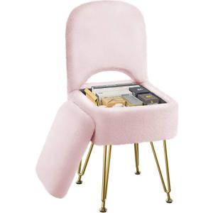 GREENSTELL Small Vanity Stool Chair with Storage and Folding Back, 13.4" x 15" x 30" Square Faux Fur Soft Ottoman, 4 Metal Legs with Anti-Slip Feet, Furry Padded Seat for Makeup, Bedroom, Pink